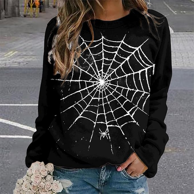 MARSVOVO Fall Sweatshirt for Women Novelty Spider Web Shirt Dressy Casual Crewneck Tunic Tops Spring Graphic Pullover