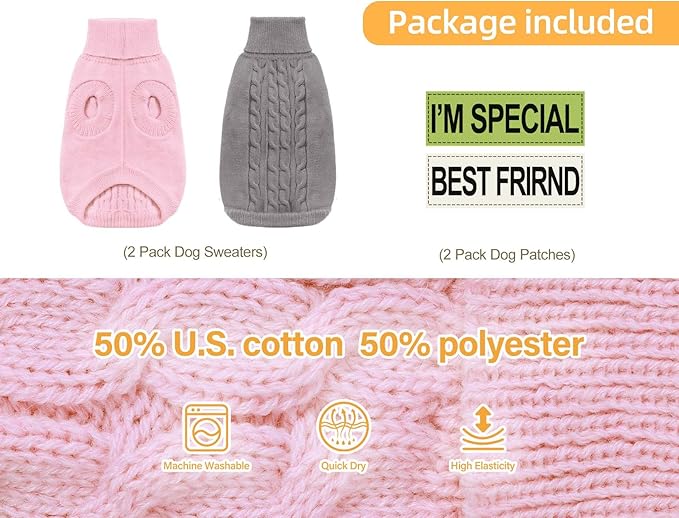 2 Pack Dog Sweaters for Small Dogs - Puppy Medium Warm Clothes in Winter, Turtleneck Pullover Design for Boy Girl Pet, Doggie, Cat, Kitten Chihuahua Bulldog Pug Beagles (S, Grey, Pink)
