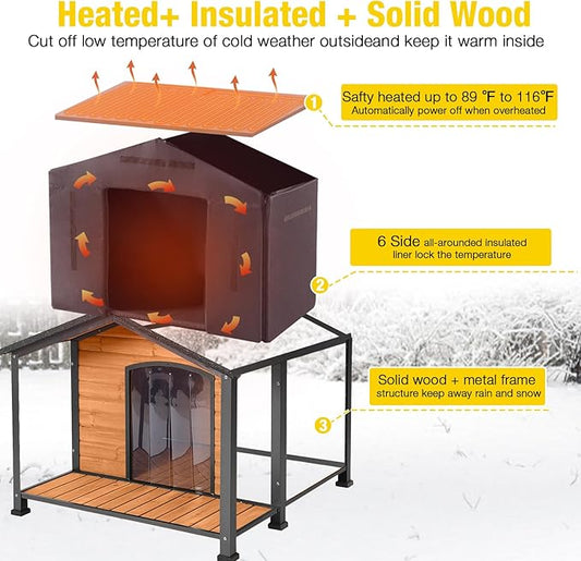 Aivituvin Heated Dog House Outdoor with Anti-Bite Metal Frame Insulated Indoor Dog Kennel 41.6'L Large Dog Cage for Small Medium Large Dogs with Heater and Insulated Liner for Winter