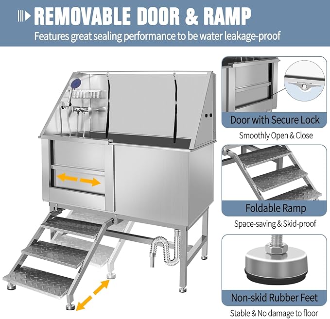 Stainless Steel Dog Washing Station For Large Dogs, Dog Grooming Tub For Home, Professional Dog Bathtub Bathing Station, Pet Wash Station, Dog Shower Tub With Stairs, Drain & Door
