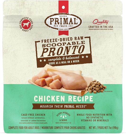Primal Freeze Dried Dog Food, Pronto Mini Nuggets, Chicken; Scoop & Serve, Complete & Balanced Meal; Also Use As Topper or Treat; Premium, Healthy, Grain Free, High Protein Raw Dog Food (7 oz)