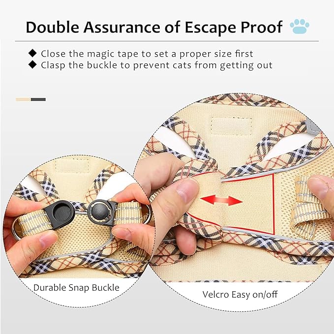 Cat Harness and Leash Set for Walking, Escape Proof Adjustable Soft Mesh Kitten Harness with Reflective Strips, Breathable No-Choke Pet Vest for Small Cats or Puppies(Beige,S)
