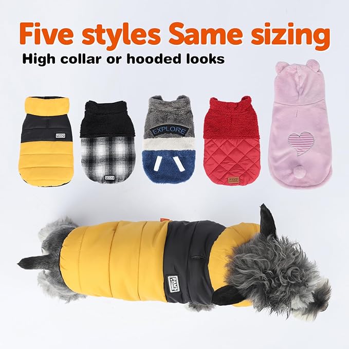 FOFOS Dog Winter Coat, Plush Dog Jacket with Leash Hole, Adjustable Warm Pet Snow Vest for Small Medium Dogs, Yellow, XL