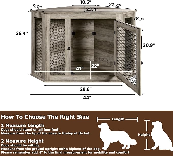 Coner Dog Crate Furniture, 44" Wooden Dog Kennel Furniture End Table with Mesh, Dog Kennel Indoor Furniture for Small Medium Dogs, Modern Decorative Wood Pet House Dog Cage Crate, Grey