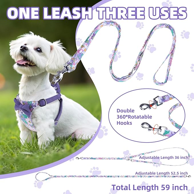 PUPTECK Dog Harness and Leash Set Small Sized, Step-in Cute Puppy Harness, Soft Lightweight Padded Vest, Escape Proof No Pull Pet Harnesses Easy for Walking, Flower Purple, XXS