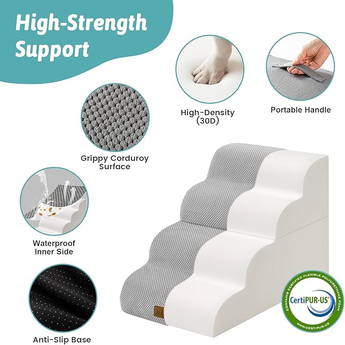Wide Dog Stairs for Small Dogs 19.7" H, Detached Dog Step for Puppy or Older Cat, Ramp for Bed, Sofa, Couch or Chair, Ladder with High Density Foam, 17.7x28.3x19.7 inch, 4 Step, Grey