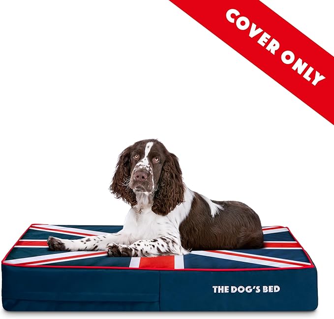 Replacement Outer Cover ONLY (Outer Cover ONLY - NO Bed, NO Waterproof Inner) for The Dog's Bed, Washable Oxford Fabric, Large 6 Inches (Blue with Red Piping UK Flag Embroidery & Centre Flag)