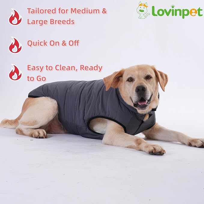 LovinPet Reversible Dog Puffer Coat for Medium & Large Dogs, Down‑Insulated Winter Jacket, Water‑Resistant & Wind‑Resistant, Anti‑Static, Dual-Sided Black & Grey for Cold Weather,XL
