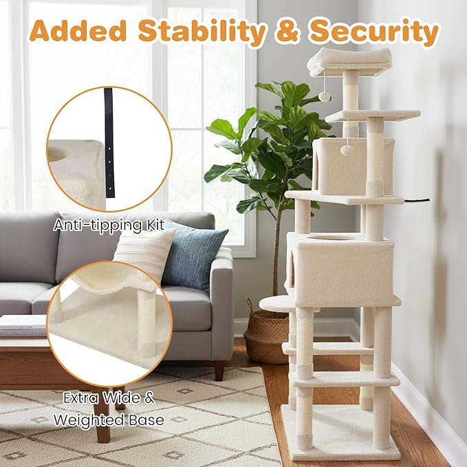 Tangkula Cat Tree for Indoor Cats, 75 Inch Extra Tall Cat Tower with Sisal Scratching Post, Padded Top Perch, Dual Condos, Hammock, 2 Dangling Balls, Platforms, Multi-Level Cat Climbing Furniture