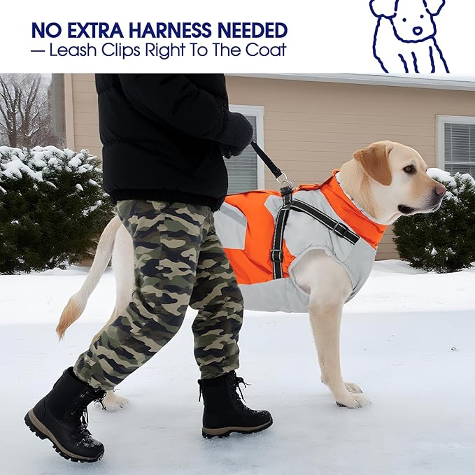 FUAMEY Dog Winter Jackets for Medium Dogs,Dog Coat with Harness Built in,Waterproof Dogs Snowsuits Warm Pet Jacket Zip Up Fleece Cold Weather Coats Reflective Safety Pets Hunting Vest Orange M