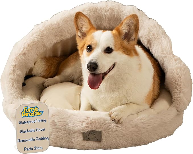 Furry's Paradise Rabbit Faux Fur Slipper Pet Bed with Recycled Fibers, Bolsters, Reversible Cushion, Waterproof Liners, and Removable Washable Cover. (Beige)