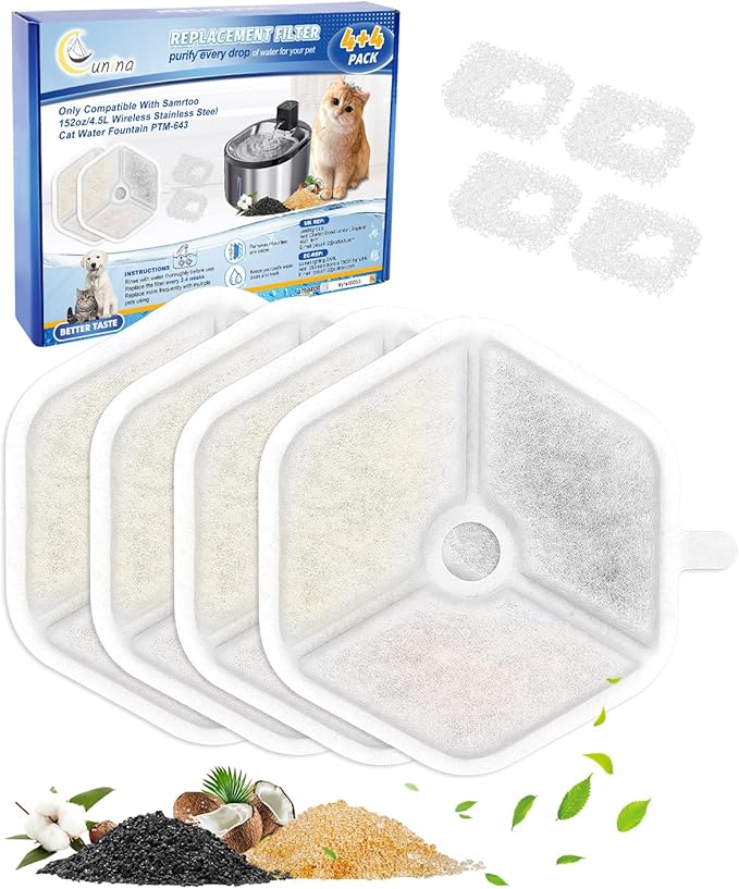 Cat Water Fountain Filter Fit for Smartoo 152oz/4.5L Wireless Cat Fountain PTM-643,Cat Fountain Filter Replacement 4 Filters + 4 Sponge, Multilayer Filter Fit for Smartoo Replacement Filters