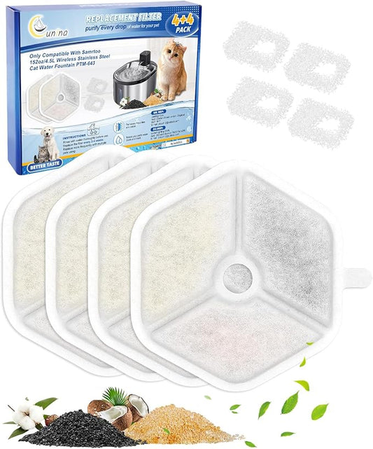 Cat Water Fountain Filter Fit for Smartoo 152oz/4.5L Wireless Cat Fountain PTM-643,Cat Fountain Filter Replacement 4 Filters + 4 Sponge, Multilayer Filter Fit for Smartoo Replacement Filters