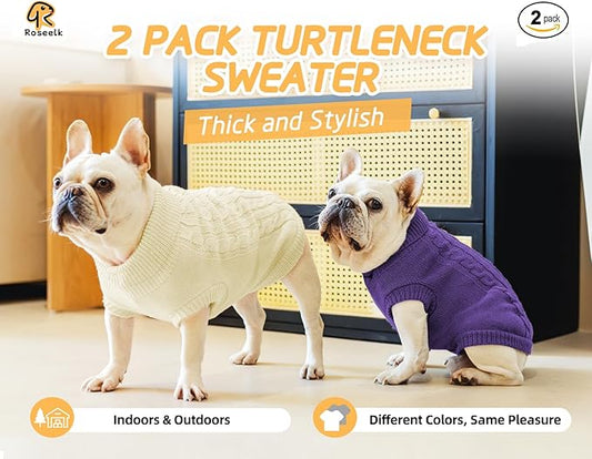 2 Pack Dog Sweaters for Small Dogs - Puppy Medium Warm Clothes in Winter, Turtleneck Pullover Design for Boy Girl Pet, Doggie, Cat, Kitten Chihuahua Bulldog Pug Beagles (XS, Purple, Beige)