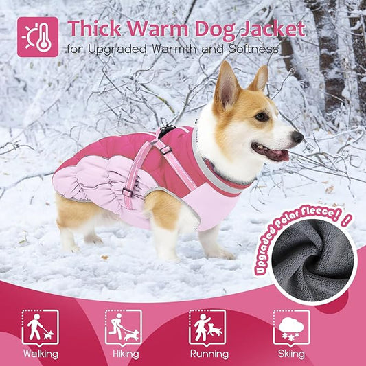 Dog Winter Coat with Harness, Dog Jacket, Pet Clothes with Zipper on Back, Waterproof Windproof Warm Vest, Reflective Cold Weather Coats, for Small Medium Large Dogs, Thick, Pink,XS