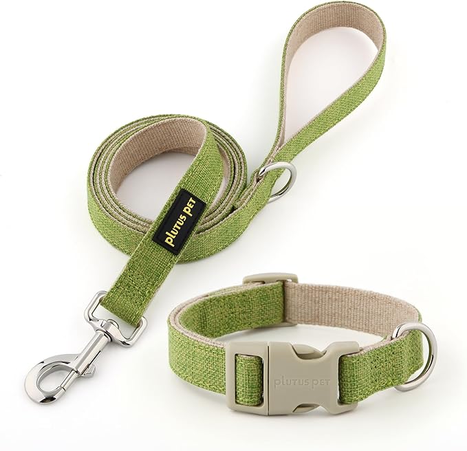 Plutus Pet Cotton Hemp Dog Collar and Leash Set, Adjustable Collar for Small, Medium, and Large Dogs, Heavy Duty and Soft on Skin, Green, L