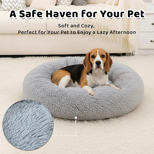 Medium Dog Donut Pet Bed, Round Soft Cat Cuddler for Calming, Anti-Anxiety Cozy Sofa, Fluffy Faux Fur Plush Cushion-31''-Grey