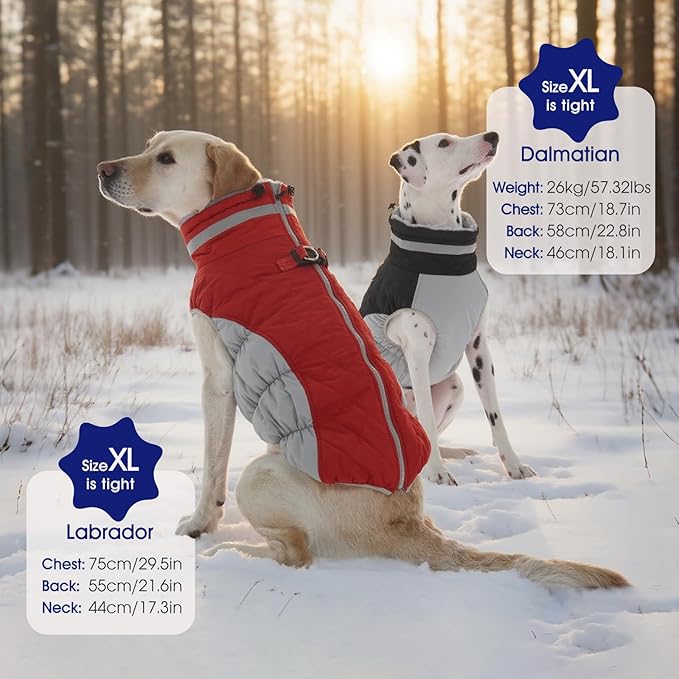 FUAMEY Dog Coat for Large Dogs,Waterproof Dog Winter Jacket with Harness Built in Puppy Cold Weather Coats Reflective Pet Vest with Zipper Warm Fleece Dogs Snowsuit Windproof Black L