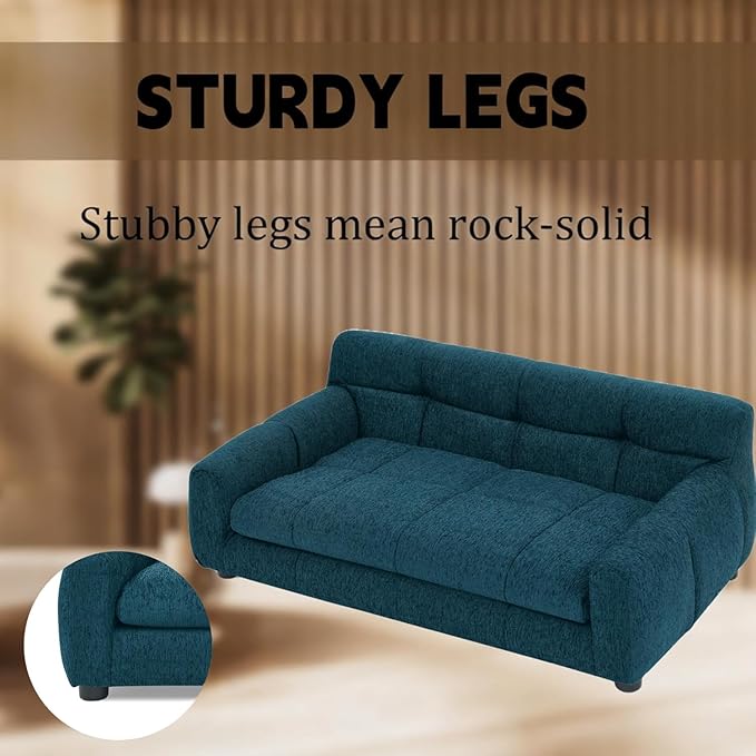 Dog Couch Bed with Backrest and Armrest, Durable Pet Sofa with Upholstered Foam Cushion, Elevated Dog Couch Bed with Legs for Medium Dogs, Blue