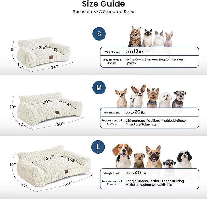 Dog Couch Beds for Dogs/Cats, Supportive Washable Fluffy Faux Rabbit Pet Sofa Cat Couch with Removable Zipper Cover for Small/Medium Dogs 30 x 20 x10inch, Off White