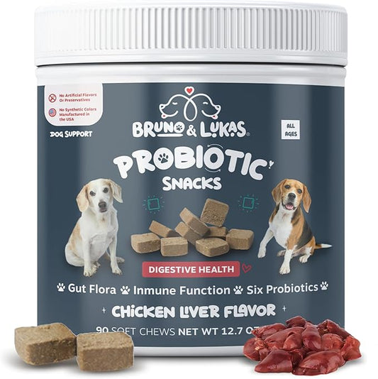 Bruno & Lukas Probiotic Chews for Dogs – Digestive Health & Gut Flora Support – Dog Probiotics for Diarrhea, Loose Stools, Itchiness & Immune Support – 90 Chews, Made in USA