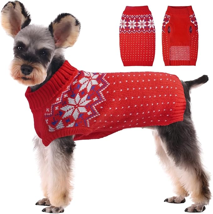 Kuoser Dog Christmas Sweater, Soft Warm Xmas Sweaters for Small Medium Large Dogs Boy Girl, Comfortable Dog Sweater with Leash Hole Snowflake Puppy Knit Outfit for Holiday Winter Fall, Red XS