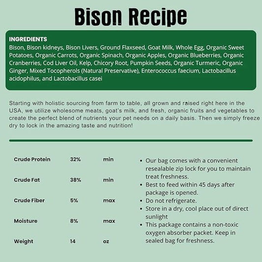 Shepherd Boy Farms Freeze Dried Raw Dog Food, Bison Recipe, All Natural, No Synthetics, Made in USA with Goat's Milk & Organic Produce, High Protein, Complete Meal (14oz)