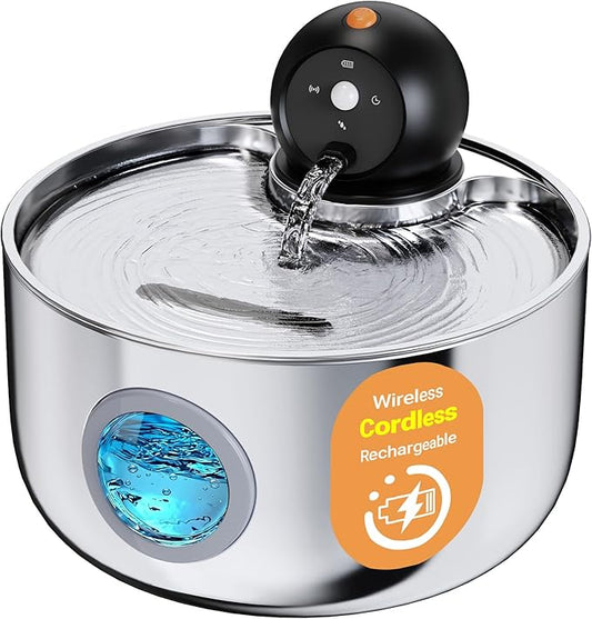 Wireless Cat Water Fountain Cordless: Stainless Steel Cat Fountains for Drinking - 88oz/2.6L Battery Operated Pet Water Fountain Indoor with Motion Sensor - Rechargeable Automatic Water Dispenser