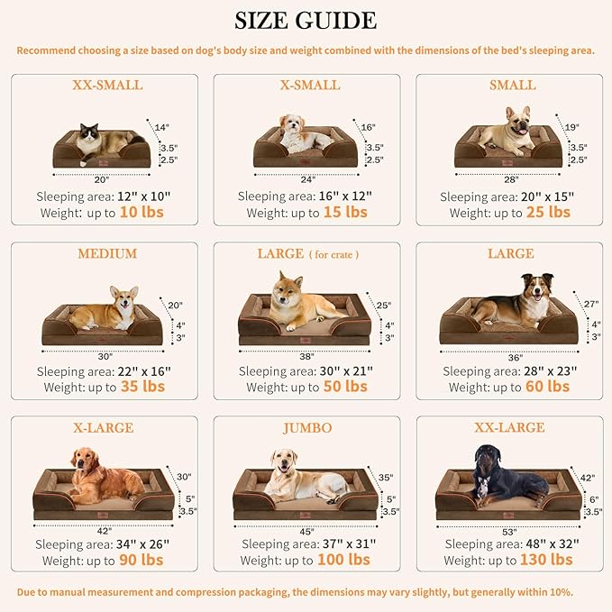 Comfort Expression Orthopedic Dog Bed for Large Dogs 36x27 Inch, Waterproof Supportive Memory Foam Large Pet Bed with Removable Bolsters, Dog Couch with Washable Cover & Non-Slip Bottom, Khaki Brown