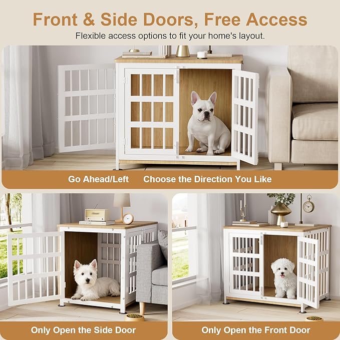 26" Dog Crate Furniture for Small Dogs, Heavy Duty Dog Cage for Small & Medium Dogs with Wheels, Indoor Puppy Crate, 26.6"L x 20.9"W x 23.8"H, Decorate House as TV Stand, End Table — Natural and White