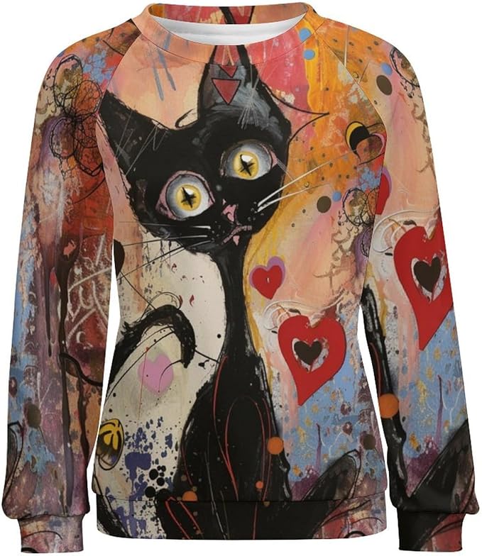 Biacolum Long Sleeve Shirts for Women Mid Century Retro Style Atomic Cat 3D Graphic Sweatshirts Fall Crewneck Pullover Top