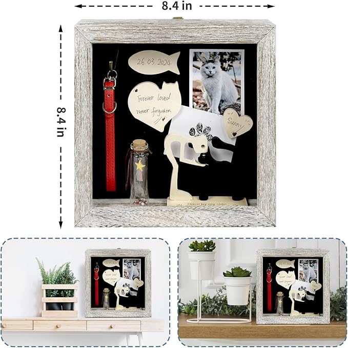 Cat Memorial Shadow Box Gift Pet Memory Display Case Wooden Picture Frame Pet Paw Ink Kit Glass Fur Jar Pets Keepsake Holder for Passed Away Dogs Cats idea Gifts for Pet Lover (White Cat Frame)