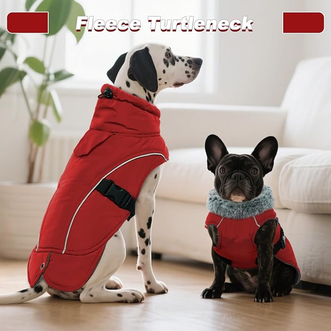 DENTRUN Winter Warm Dog Coat Reflective Jacket with Turtleneck for Cold Weather, Adjustable Buckle Windproof Water Repellent, Thick Snowsuit Fleece Vest for Small, Medium, Large Dogs, Red, S