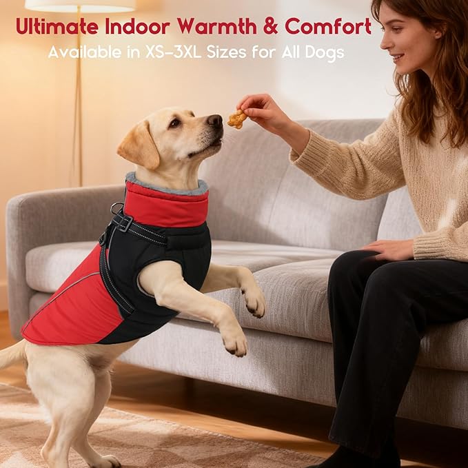 ASENKU Reflective Dog Coat with Built-in Harness, Windproof Fleece-Lined Dog Jacket for Small, Medium, Large Dogs, Warm Winter Vest with Turtleneck & Zipper (Red XL)