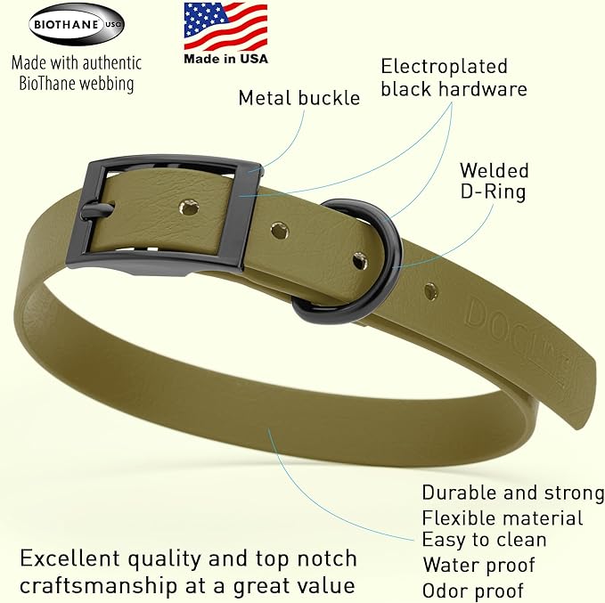 Dogline Biothane Coated Webbing Dog Collar with Black Metal Hardware: Durable Easy-Clean Everyday Collar for Dogs - Comfortable Adjustable Odor-Resistant Pet Collar, W3/4" x L15-18, Olive Drab Green