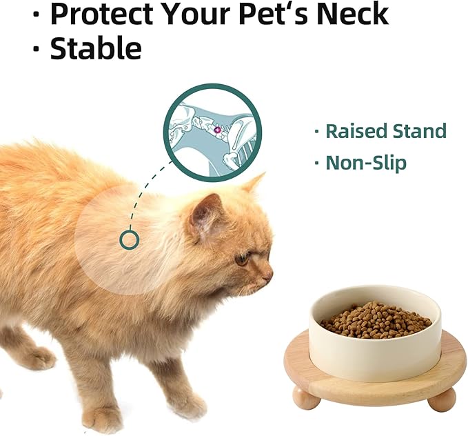 Havniva Ceramic Elevated Cat Food and Water Bowl, Kitty Bowl, Raised Cat Dish, Pet Feeder (5.1 in,1 x Beige + Stand)
