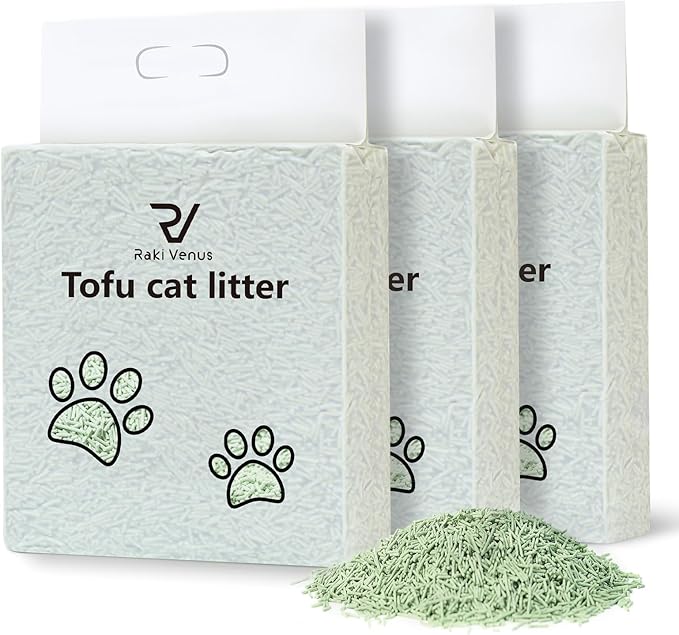 Raki Venus Tofu Cat Litter - Strong Clumping, Ultra Absorbent, Odor Control, Flushable, Low Tracking, Low Dust Tofu Litter Pellets 3 Packs/18LB (Green Tea)