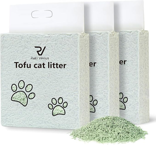 Raki Venus Tofu Cat Litter - Strong Clumping, Ultra Absorbent, Odor Control, Flushable, Low Tracking, Low Dust Tofu Litter Pellets 3 Packs/18LB (Green Tea)