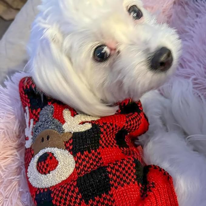 KYEESE Dog Christmas Sweater with Reindeer Pattern Cozy Winter Outfit Boy Girl Red Buffalo Plaid Knitwear Turtleneck Dog Sweater for Small Dogs with Leash Hole Soft Warm Pet Clothes, Small