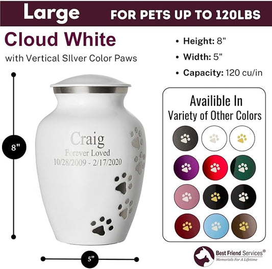 Pet Urn for Dogs and Cats with Personalized Laser Engraving, Ottillie Paws Premier Series Memorial Urns (Large Cloud White with Vertical Pewter Paws)