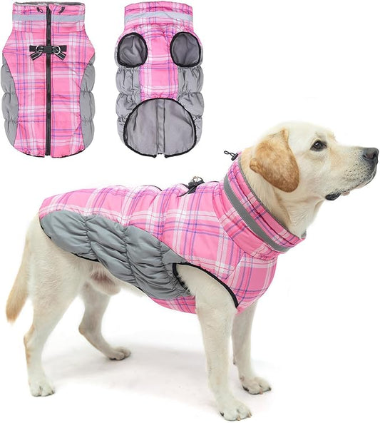 BEAUTYZOO Dog Winter Coat with Harness Built in, Reflective Plaid Puffer Vest Waterproof for X-Large Dogs, Fleece Warm Puppy Zipped Jacket with D Ring, Pet Cold Weather Sweater Clothes, Pink XL