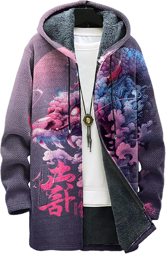 MARSVOVO Cool Hippie Long Cardigan Hoodies for Men Zipper Fleece Lined Knit Coat Skull Animal Print Graphic Jackets