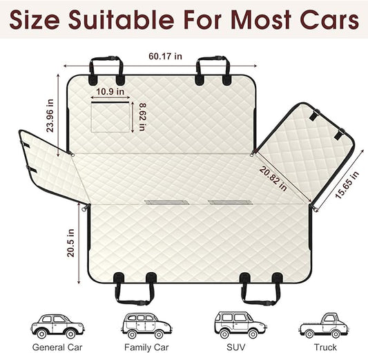 Waterproof Dog Car Seat Cover for Back Seat - Durable, Scratch Proof Pet Hammock with Nonslip Design & Storage Pockets, Fits Cars, SUVs, Trucks - L, Beige/Black