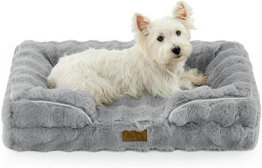 Orthopedic Dog Bed for Medium Small Size Dog, Faux Fur Pet Sofa, Foam Bolster Couch with Waterproof Lining Cover, Anti-Slip, Soft, Warm, Washable, C-Shaped, M 30x20x6.5 inch, Grey