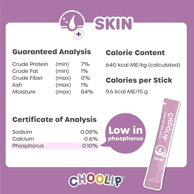 Choolip Squeeze Vita Stick Lickable Cat and Dog Treats – 49-Count Skin Support Sticks with Multivitamins, Soft Squeezable Paste for All Life Stages, Supporting Skin Health - Box with 7 Pouches