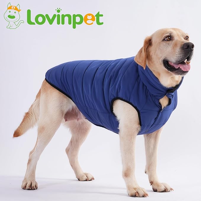 LovinPet Reversible Dog Puffer Coat for Medium & Large Dogs, Down‑Insulated Winter Jacket, Water‑Resistant & Wind‑Resistant, Anti‑Static, Dual-Sided Blue & Black for Cold Weather,XL
