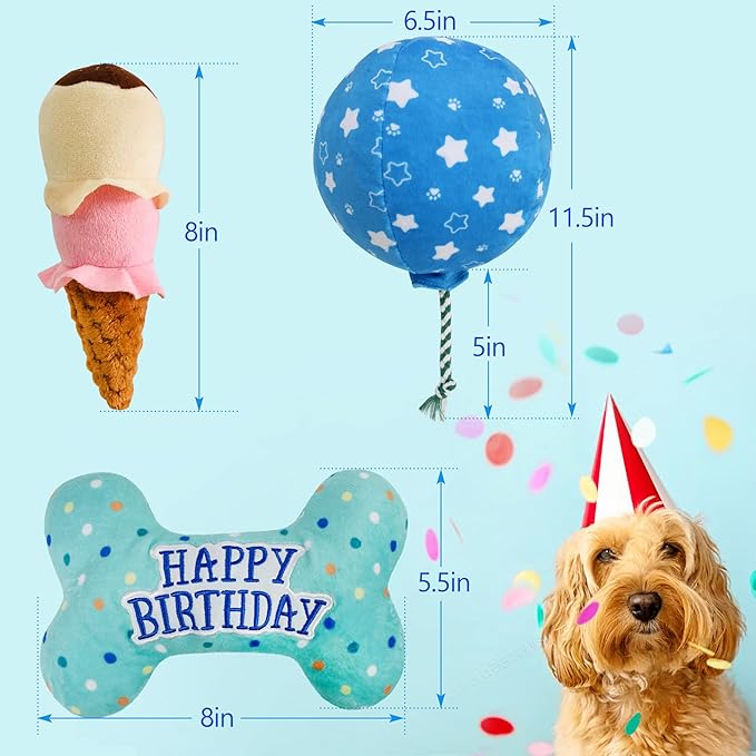 Prime Pets Dog Birthday Toys, 3 Pack, Crinkle Squeaky Dog Toys Set, Pet Toys for Small Medium Large Dogs, Stuffed Puppy Chew Toys, Dog Gift Toys