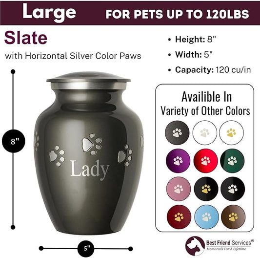 Pet Urn for Dogs and Cats with Personalized Laser Engraving, Ottillie Paws Premier Series Memorial Urns (Large Slate with Horizontal Pewter Paws)