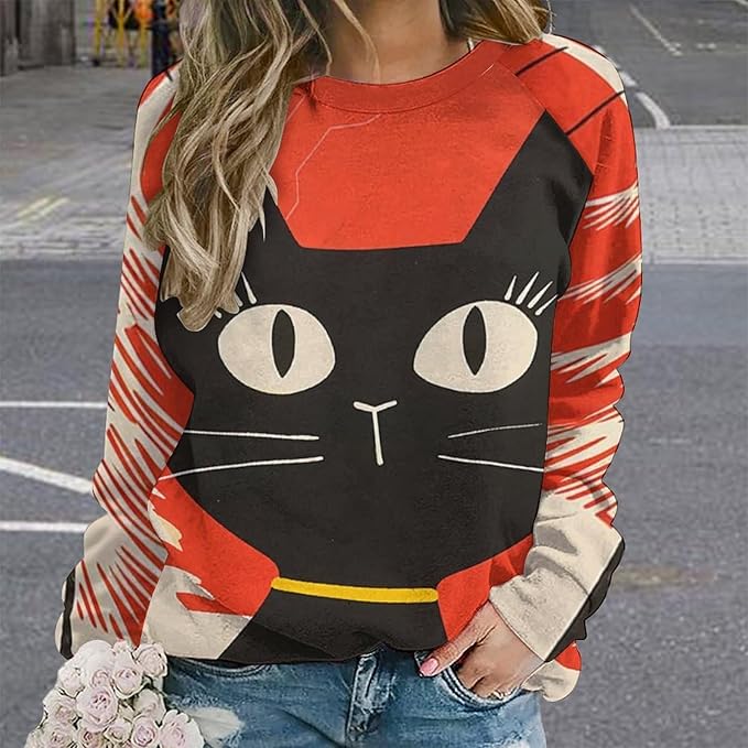 Biacolum Long Sleeve Shirts for Women Mid Century Retro Style Atomic Cat 3D Graphic Sweatshirts Fall Crewneck Pullover Top