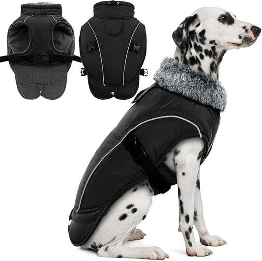 DENTRUN Winter Warm Dog Coat Reflective Jacket with Turtleneck for Cold Weather, Adjustable Buckle Windproof Water Repellent, Thick Snowsuit Fleece Vest for Small, Medium, Large Dogs, Black, XL
